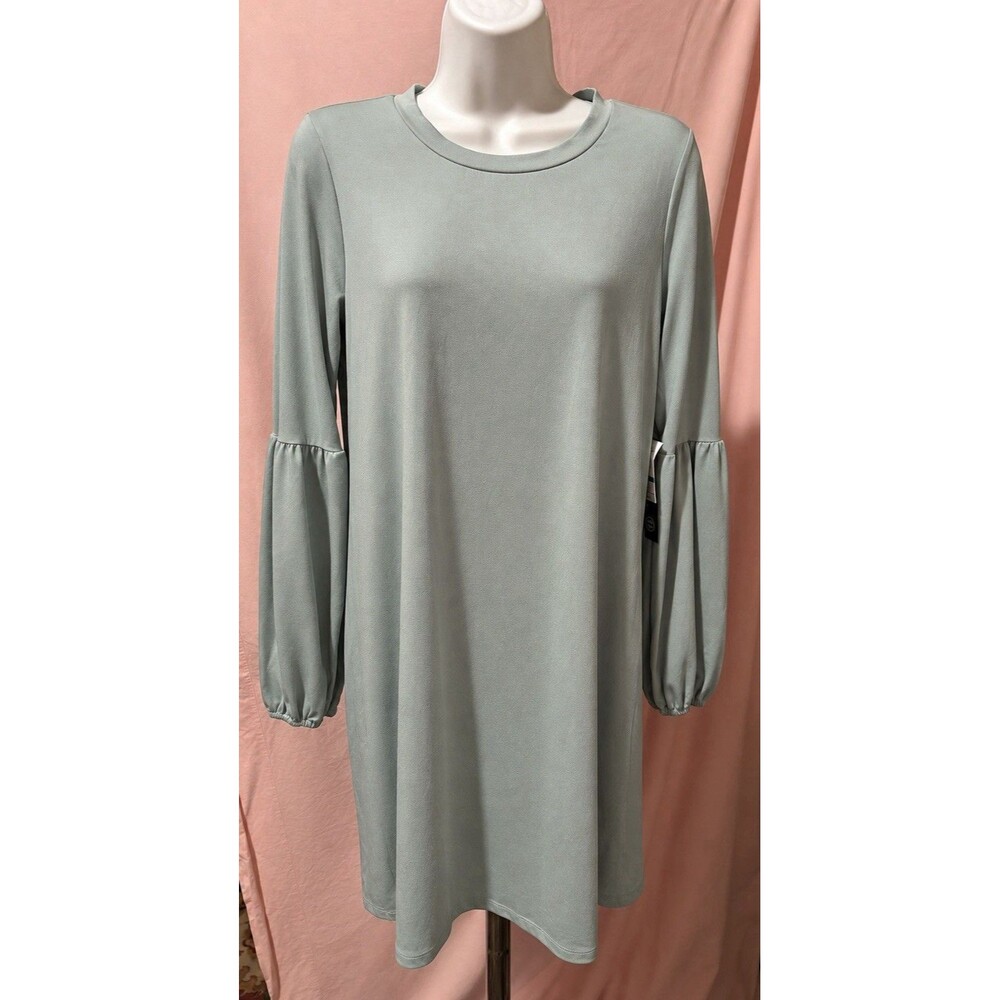 As U Wish M Sage Green Shift Dress Bell Sleeve Stretch NWT 34” Bust